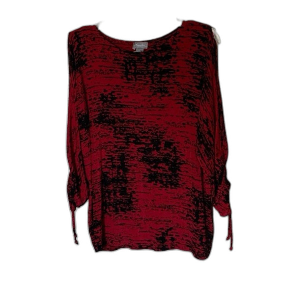 Chico's Travelers Red/Black Print Cold Shoulder Shirt Top Stretch Size 1/Medium - Picture 1 of 9